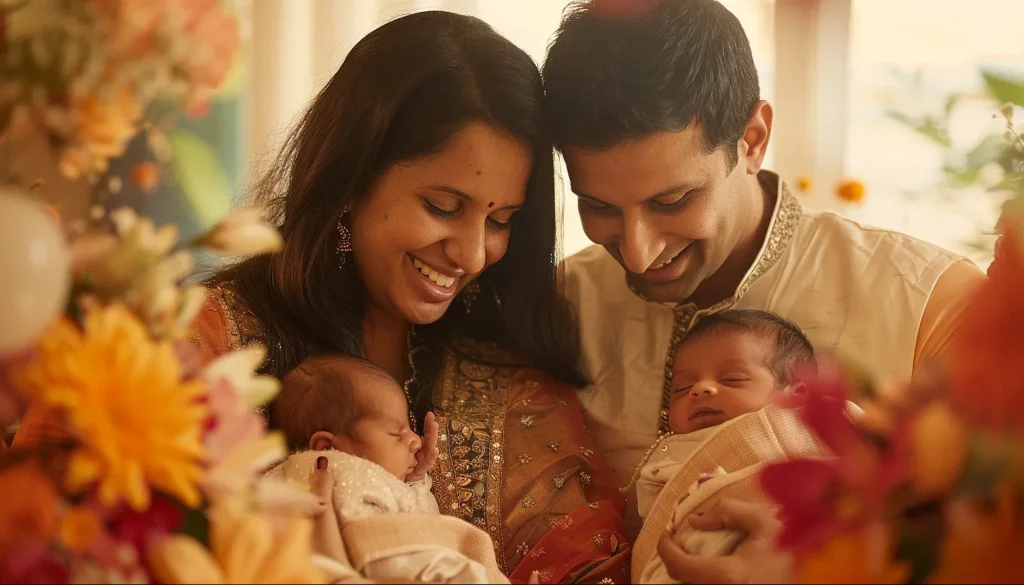 A couple dressed in traditional clothing smiles while holding two sleeping newborns, surrounded by colorful flowers.