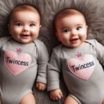 Two baby twins are lying side by side on a soft grey rug. Both are wearing matching grey onesies with pink hearts and small crowns on top, with the word twincess written inside the hearts. The baby