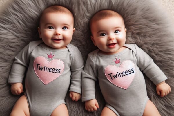 Two baby twins are lying side by side on a soft grey rug. Both are wearing matching grey onesies with pink hearts and small crowns on top, with the word twincess written inside the hearts. The baby