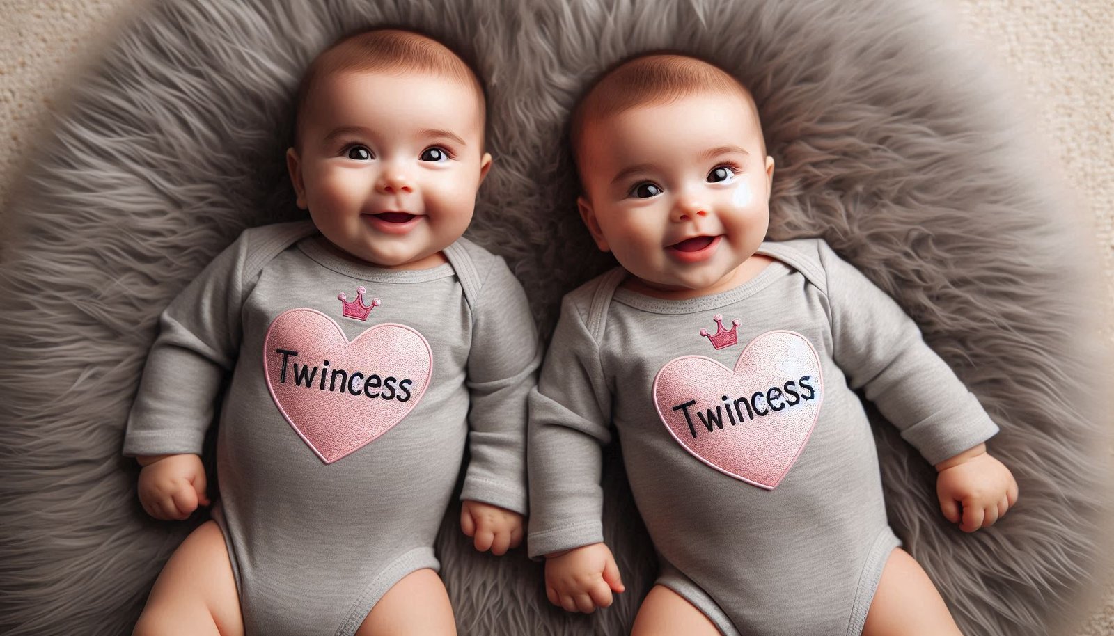 Two baby twins are lying side by side on a soft grey rug. Both are wearing matching grey onesies with pink hearts and small crowns on top, with the word twincess written inside the hearts. The baby