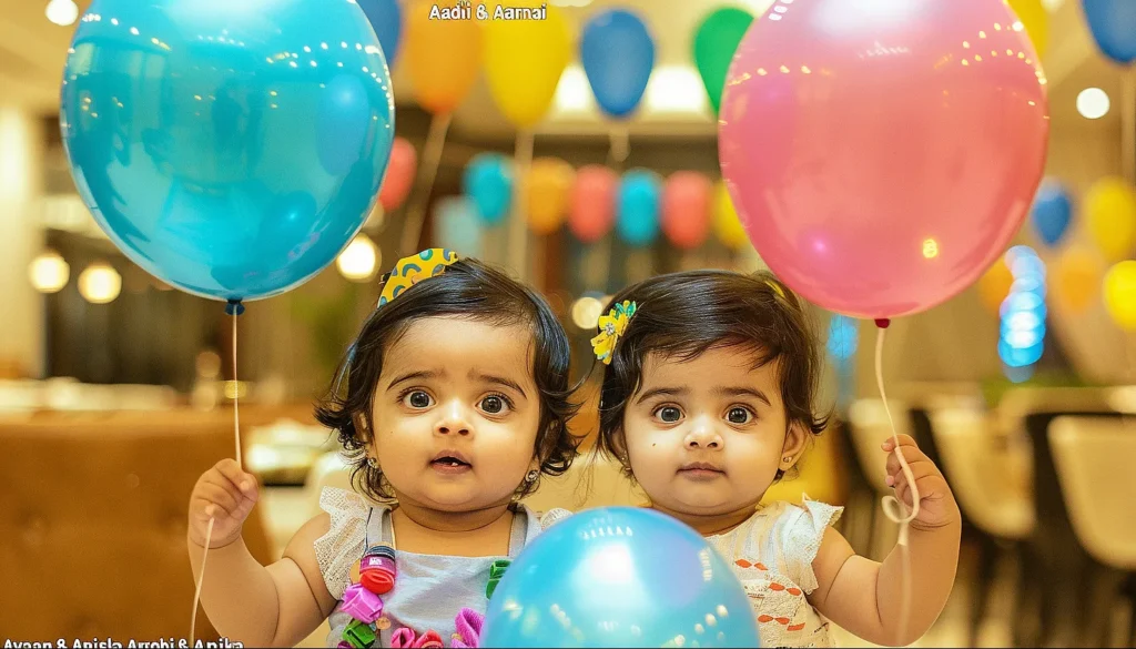 two babies holding balloons