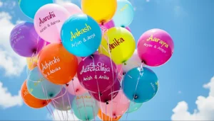 a bunch of balloons with text hindu indians twins name starting with A