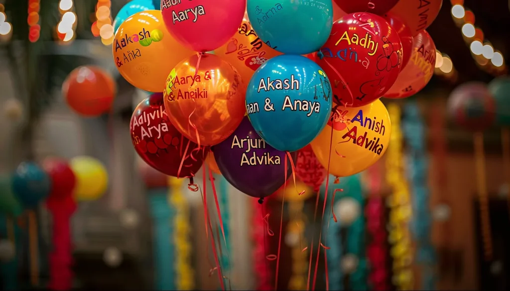 a bunch of balloons with writing on them