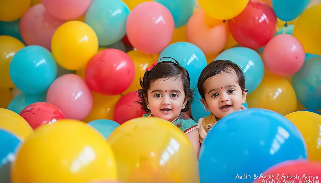 two babies in a pile of balloons