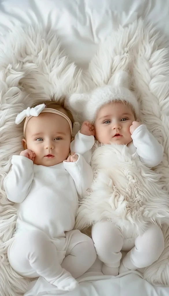 Two babies lying on a furry white blanket, both dressed in white. The baby on the left wears a headband with a bow, and the baby on the right wears a fuzzy hat with ears.