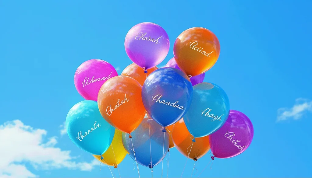 a group of balloons with text on them