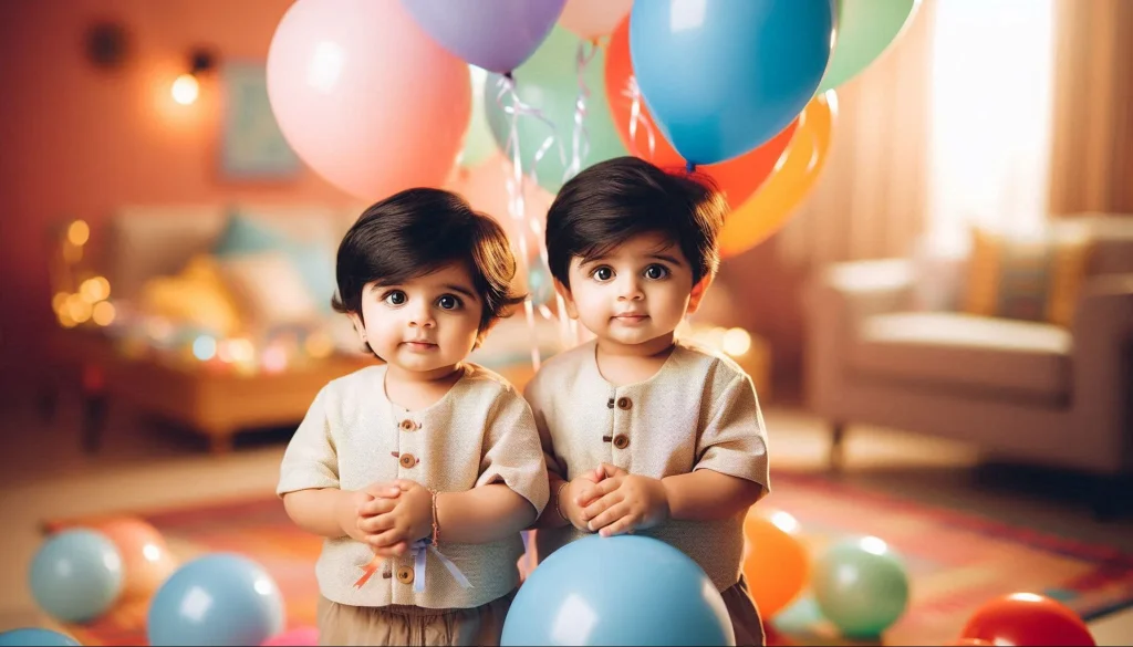 two babies holding balloons