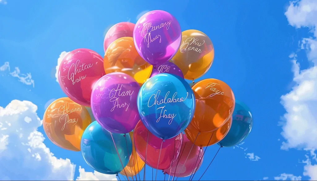 a bunch of balloons with writing on them