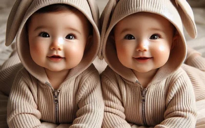 Adorable twin babies dressed in matching beige bunny-ear hooded jumpsuits, lying on a soft white bed and smiling