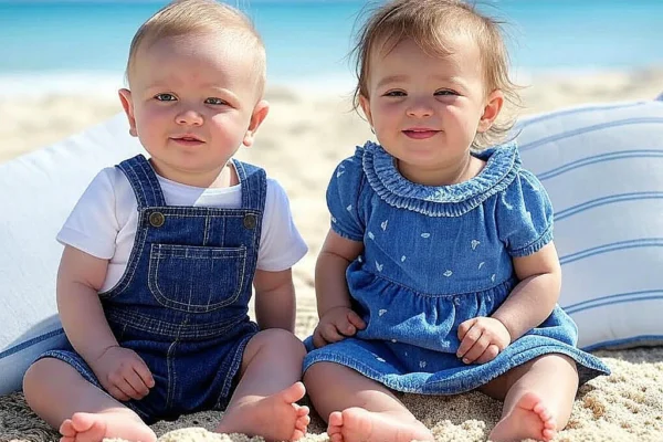 Adorable twin babies sitting on the beach in matching denim outfits during a sunny seaside photoshoot