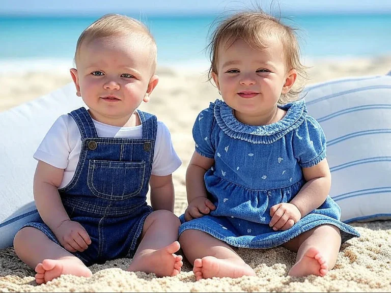 Adorable twin babies sitting on the beach in matching denim outfits during a sunny seaside photoshoot