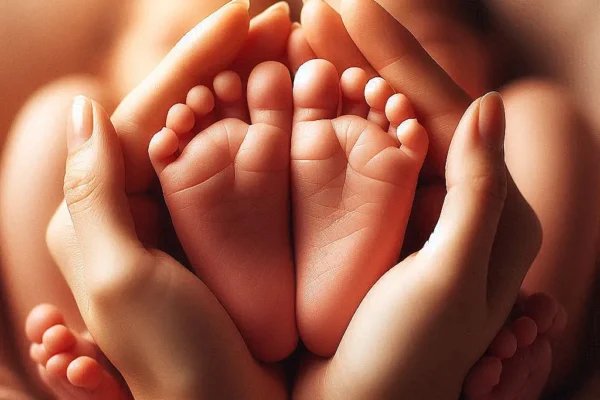 Twin baby feet cradled gently in parents’ hands, symbolizing love, warmth, and protection.