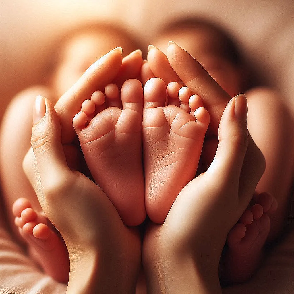 Twin baby feet cradled gently in parents’ hands, symbolizing love, warmth, and protection.