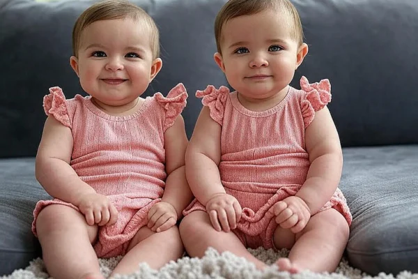 Adorable twin baby girls sitting on a couch wearing matching pink dresses and smiling sweetly.
