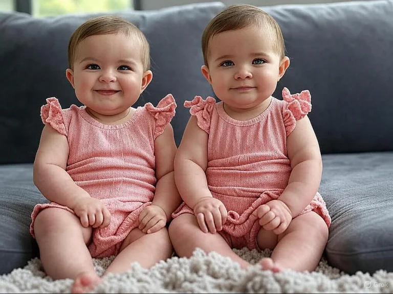 Adorable twin baby girls sitting on a couch wearing matching pink dresses and smiling sweetly.