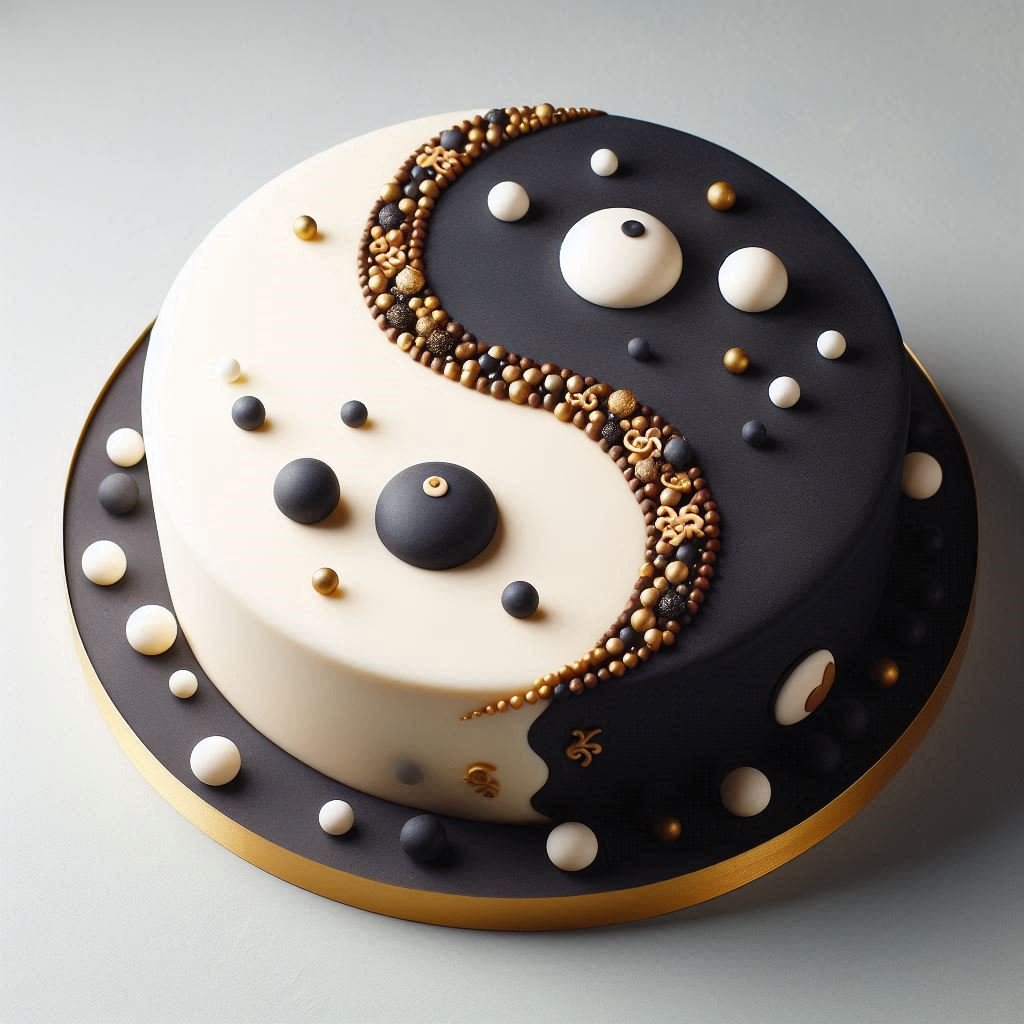A luxurious twin birthday cake set shaped like a Yin & Yang symbol, with one half dark chocolate and black fondant with golden details, and the other half vanilla with white fondant and silver highlights, each with a small edible sphere representing duality, set on a marble platter with golden bokeh lights and birthday decor in the background.
