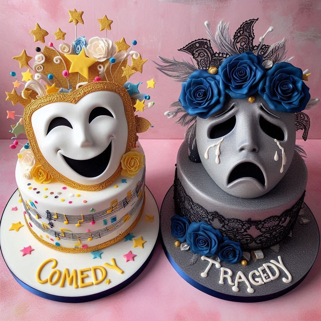 Elaborate theater-themed cakes featuring comedy and tragedy masks, decorated with musical notes, stars, roses, and fondant details for dramatic celebrations.

