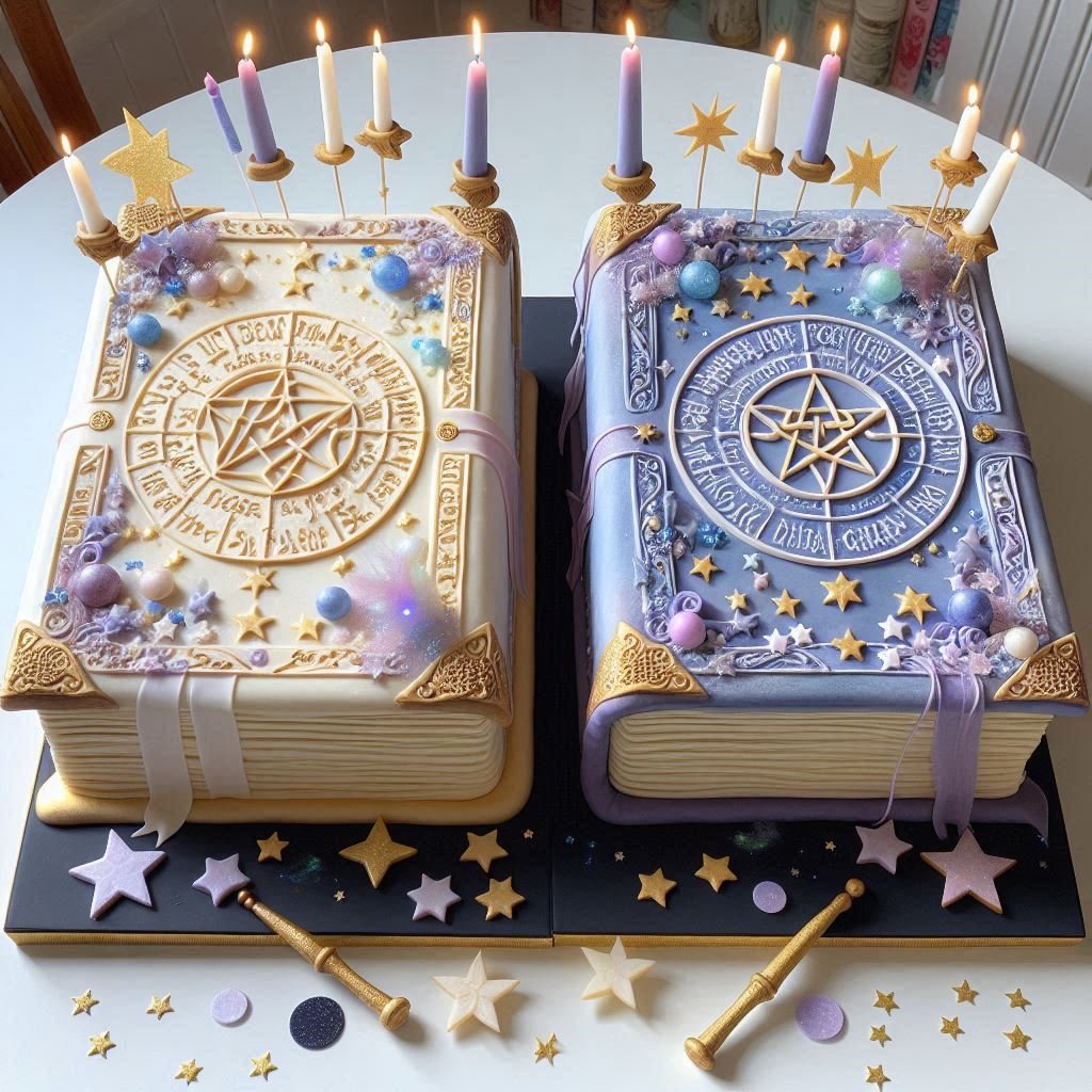 Two enchanted spellbook-themed cakes decorated with celestial symbols, astrological runes, magical stars, and fantasy-inspired details in pastel and deep space tones.

