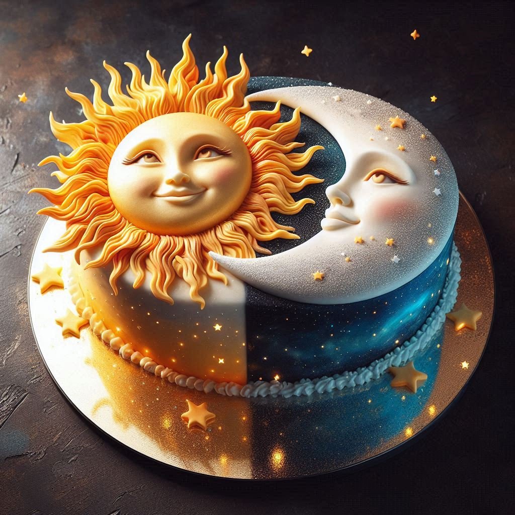 Decorative celestial-themed cake featuring a smiling sun and moon face with star details, perfect for birthdays or cosmic-themed celebrations.