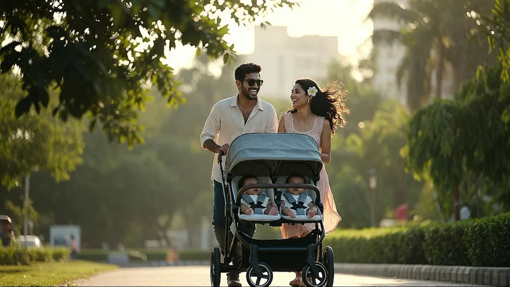 Indian parents walking with twin babies in a double stroller showcasing best twin baby products for newborn twins