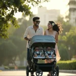 Indian parents walking with twin babies in a double stroller showcasing best twin baby products for newborn twins