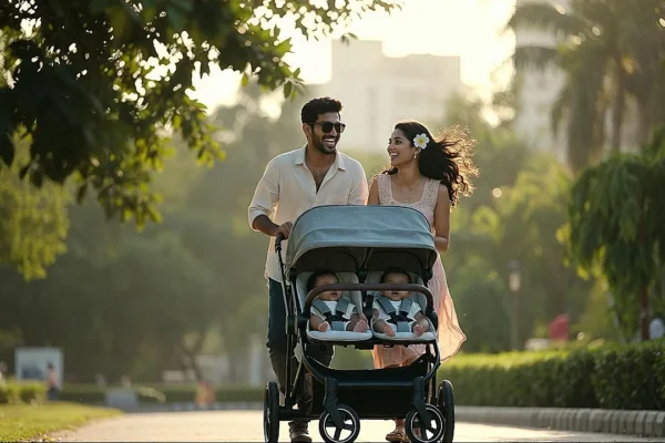 Indian parents walking with twin babies in a double stroller showcasing best twin baby products for newborn twins