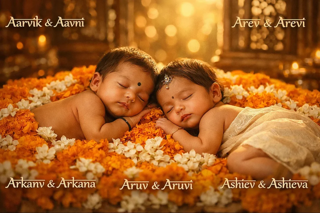195 Twin Boy and Girl Names Starting with A Meanings & Numerology Indian newborn twins sleeping on marigold flowers in golden temple light