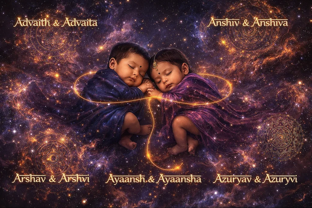 195 Twin Boy and Girl Names Starting with A Meanings & Numerology Indian twin babies floating in cosmic space with nebula and mandala art