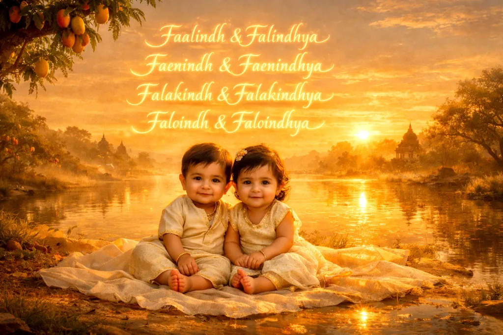 Twin baby boy and girl sitting by a river at golden sunrise with Indian traditional outfits, featuring rare F-letter twin names like Faalindh and Falindhya in a sacred dawn setting