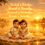 Twin baby boy and girl sitting by a river at golden sunrise with Indian traditional outfits, featuring rare F-letter twin names like Faalindh and Falindhya in a sacred dawn setting