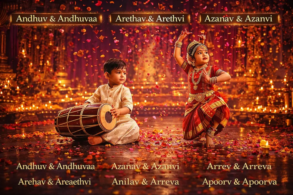 195 Twin Boy and Girl Names Starting with A Meanings & Numerology Indian Twin Children Performing Bharatanatyam and Mridangam on Festival Stage