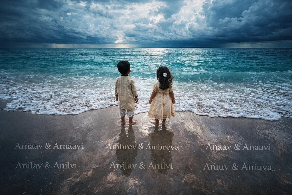 195 Twin Boy and Girl Names Starting with A Meanings & Numerology Indian twin children standing on beach during monsoon with ocean waves
