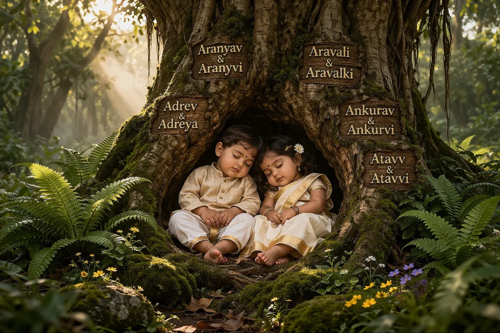 195 Twin Boy and Girl Names Starting with A Meanings & Numerology Indian Twin Toddlers Sitting Inside Banyan Tree in Misty Forest