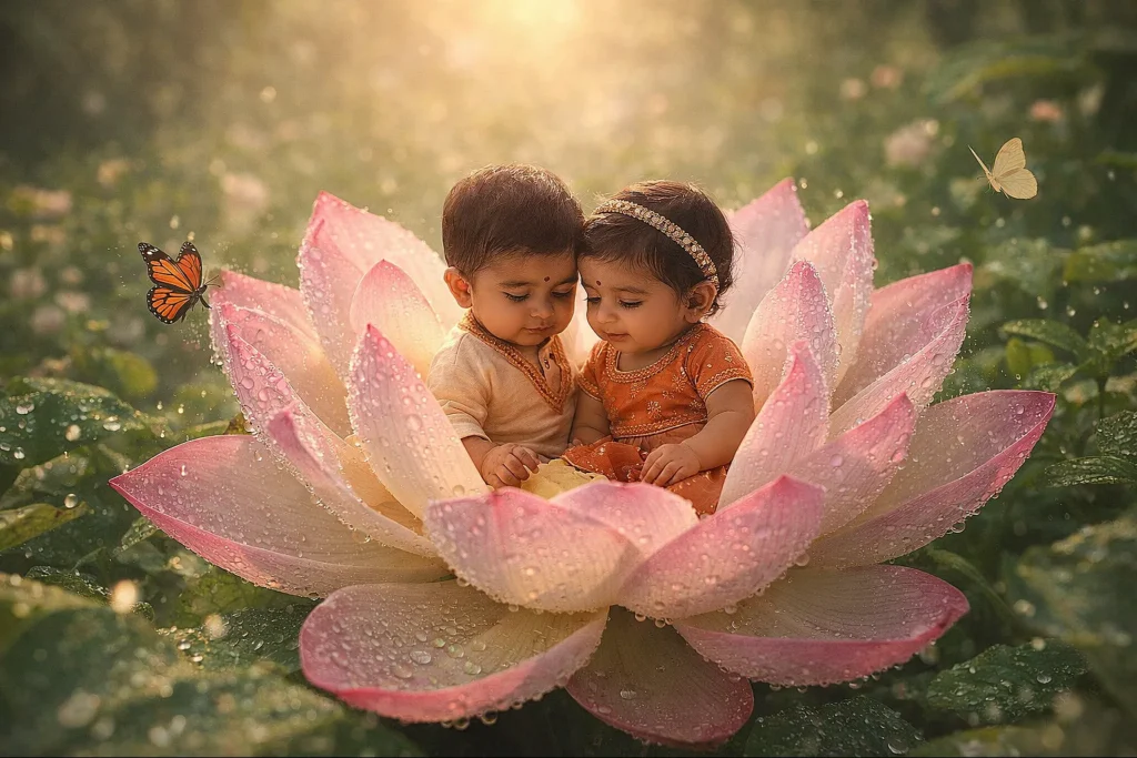 195 Twin Boy and Girl Names Starting with A Meanings & Numerology Twin Indian Babies in Lotus Flower at Sunrise in Lush Garden