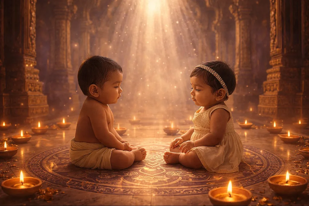 Twin Indian babies meditating in lotus position inside a temple with diyas and golden divine light