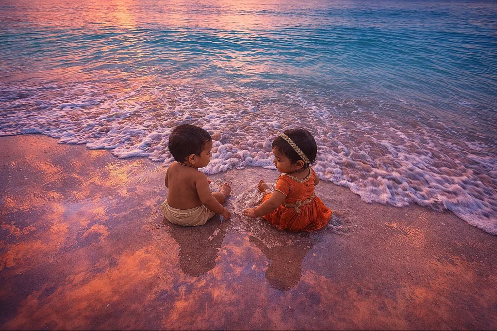 195 Twin Boy and Girl Names Starting with A Meanings & Numerology Twin Indian toddlers playing at beach during sunset with ocean waves and colorful reflections on wet sand