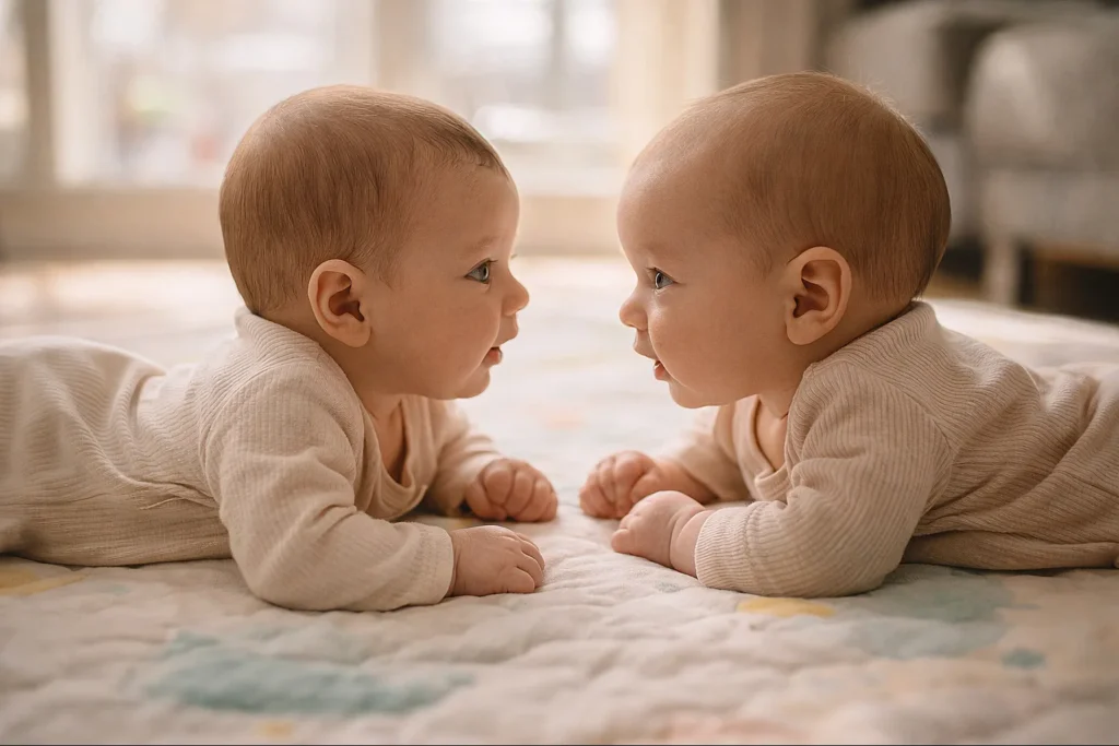 25 Adorable Twin Baby Photoshoot Ideas at Home (No Photographer Needed!) Two babies during tummy time facing each other with curious expressions on a soft play mat in natural window light