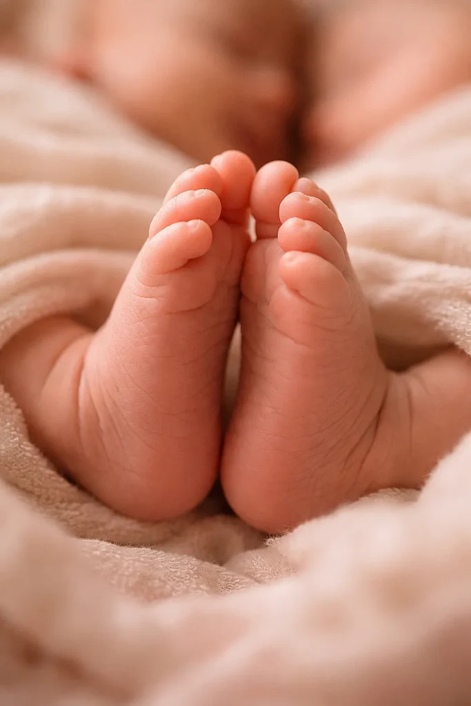 25 Adorable Twin Baby Photoshoot Ideas at Home (No Photographer Needed!) Macro close-up of newborn twin baby feet touching softly with pink tones and blurred background