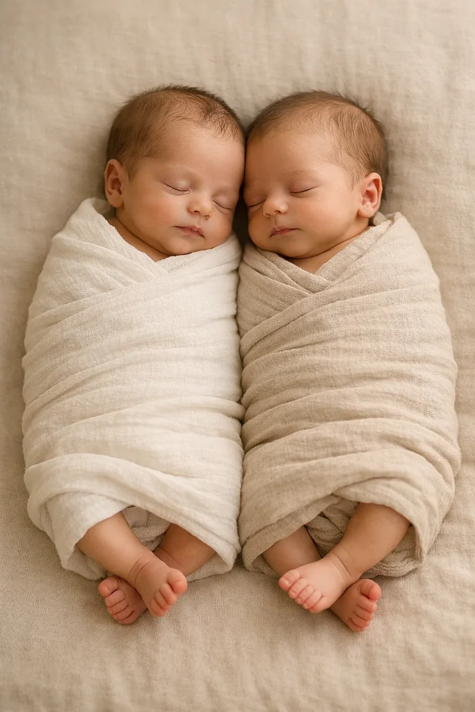 25 Adorable Twin Baby Photoshoot Ideas at Home (No Photographer Needed!) Ultra-realistic newborn twin babies swaddled in soft muslin wraps sleeping side by side on a neutral beige blanket