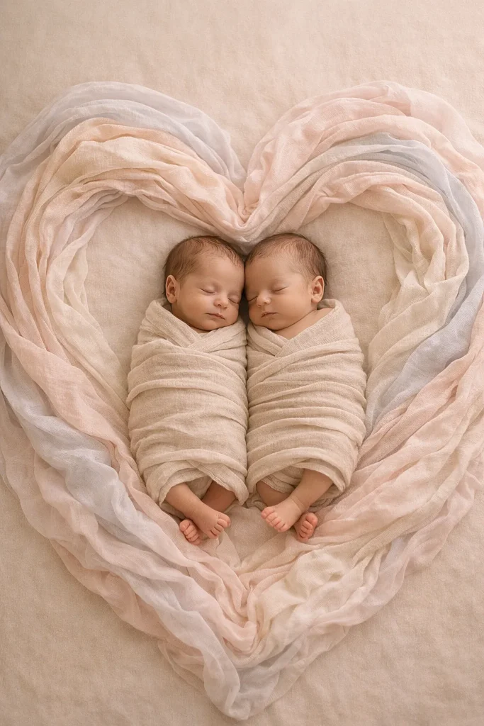 25 Adorable Twin Baby Photoshoot Ideas at Home (No Photographer Needed!) Newborn twin babies sleeping inside a heart-shaped pastel blanket, softly swaddled and photographed from a top view