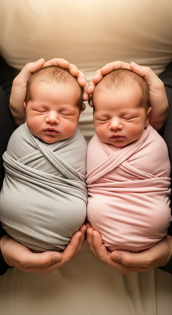 25 Adorable Twin Baby Photoshoot Ideas at Home (No Photographer Needed!) A top-down ultra-realistic photo of two sleeping newborn babies swaddled in cream fabric, gently cradled by the cupped hands of their parents under soft golden light.