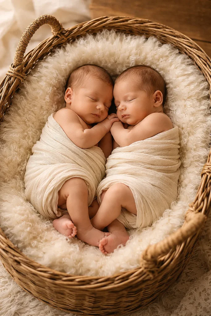 25 Adorable Twin Baby Photoshoot Ideas at Home (No Photographer Needed!) Newborn twin babies sleeping curled together in a wicker Moses basket with a soft cream blanket and warm natural light