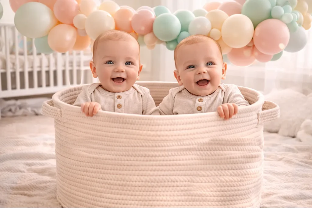 25 Adorable Twin Baby Photoshoot Ideas at Home (No Photographer Needed!) Twin babies sitting in a fabric basket with pastel balloon garland above in a bright nursery setting with soft natural light