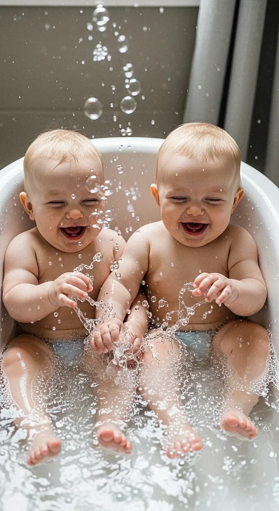 25 Adorable Twin Baby Photoshoot Ideas at Home (No Photographer Needed!) twin babies bathing together in tub with bubbles and splashing water