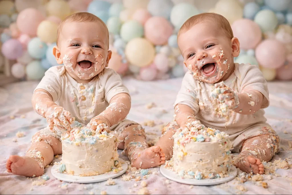 25 Adorable Twin Baby Photoshoot Ideas at Home (No Photographer Needed!) twin babies smashing birthday cakes with frosting mess and balloons