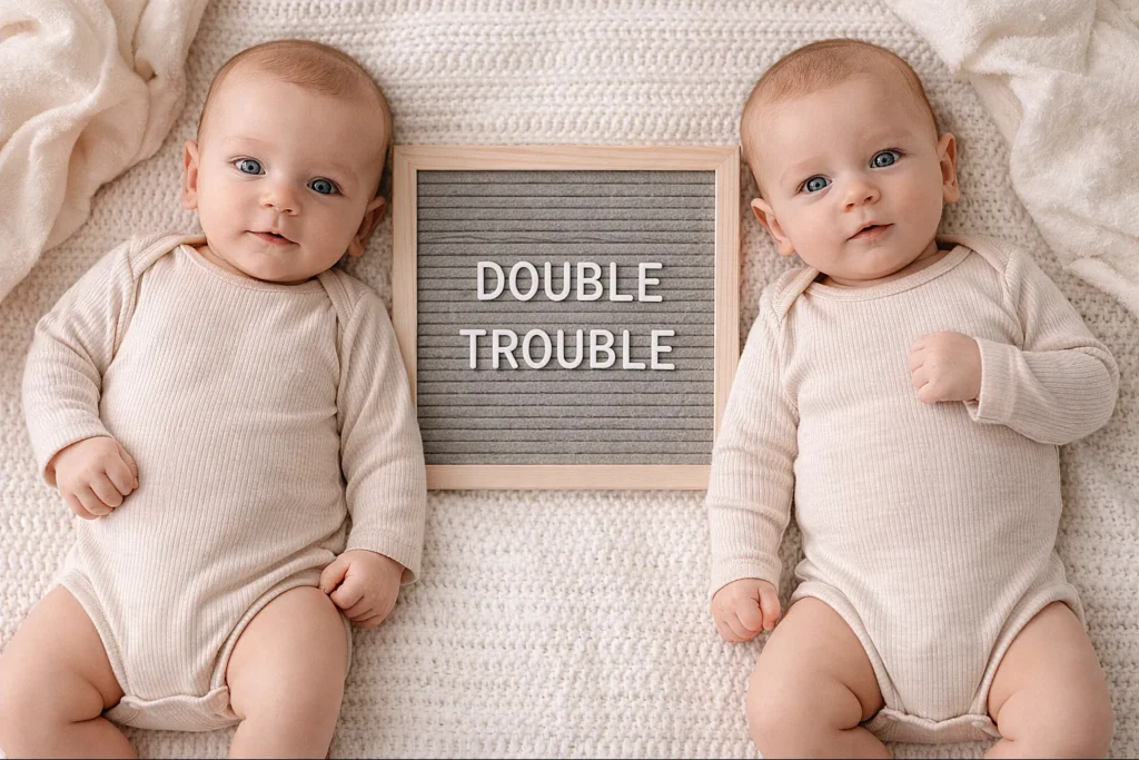 25 Adorable Twin Baby Photoshoot Ideas at Home (No Photographer Needed!) Twin babies lying beside a felt letter board that says Double Trouble on a soft neutral blanket in a flat lay setup
