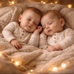 twin babies sleeping in blanket nest with warm fairy lights glowing