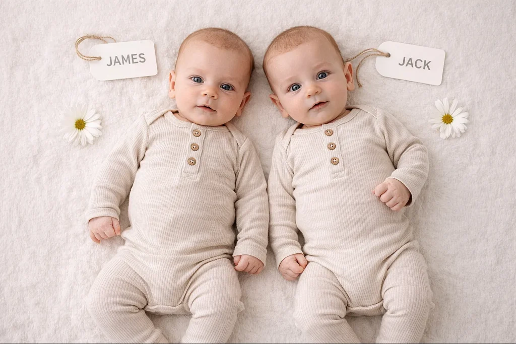 25 Adorable Twin Baby Photoshoot Ideas at Home (No Photographer Needed!) Top-down flat lay of twin babies in matching outfits with name tags and flowers on a neutral background