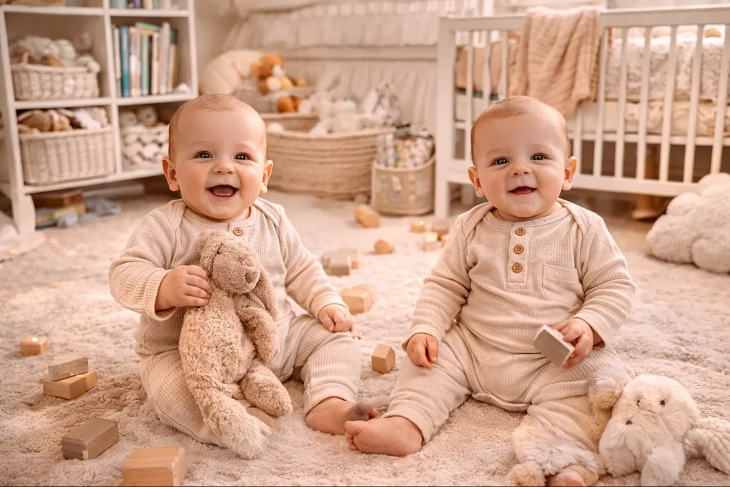 25 Adorable Twin Baby Photoshoot Ideas at Home (No Photographer Needed!) Candid photo of twin babies sitting in their nursery surrounded by toys and crib in a warm cozy home setting