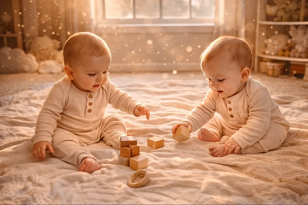 25 Adorable Twin Baby Photoshoot Ideas at Home (No Photographer Needed!) Twin babies playing on a blanket near a window with soft golden sunlight and dust particles creating a dreamy atmosphere